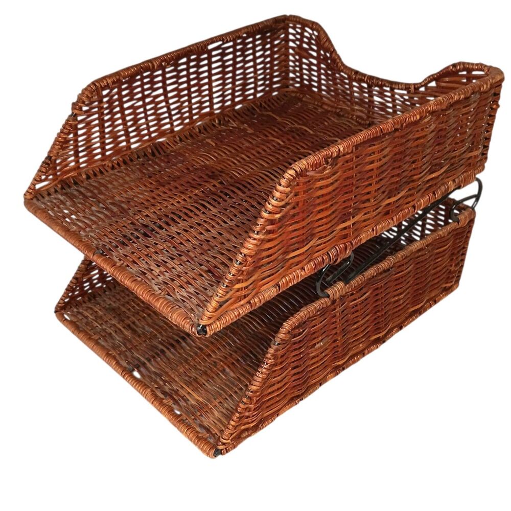 VTG Wicker Rattan 2-Tier Desk File Tray Mail/Letter Office Organizer Boho Style